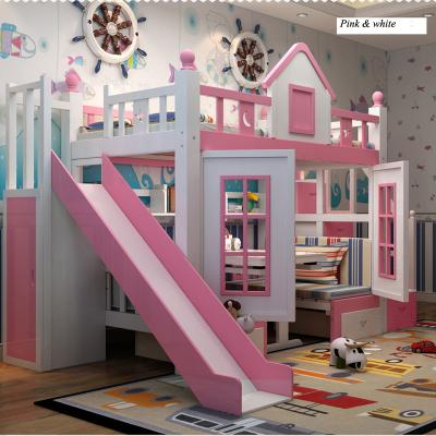 China 0128TB006 Modern Solid Wood Kids Bedroom Furniture Princess Castle With Slide Storages Cabinet Double Stairs Kids Bed for sale