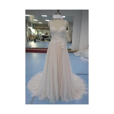 China Wedding Dress Breathable Patterned Luxury Off Shoulder Deep V Neckline Bridal Wedding Dress Sleeveless White Lace Double Bridal Dress for sale