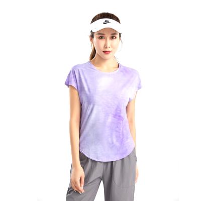 China Custom Soft QUICK DRY Tie Dyeing Elastic T Shirts Short Sleeve Crewneck Stitches Breathable Sleeveless Sport Running Fitness Women Loose Simple for sale