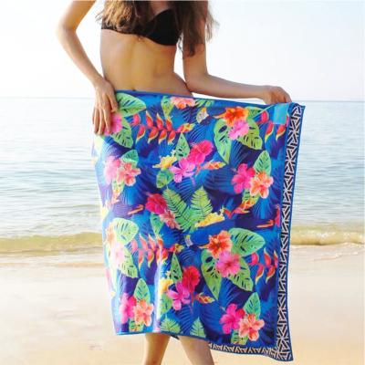 China Custom Made Logo Private Label Digital Printing Sublimated Green Leaf Design Microfiber Custom Beach Towels for sale