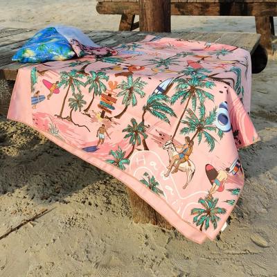 China Custom Made Logo Private Label Digital Printing Sublimated Green Leaf Design Microfiber Beach Towels for sale