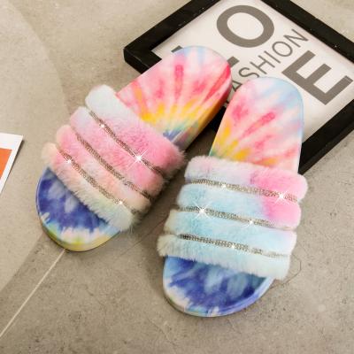 China Luxury Women Fashion Rhinestone Ladies Flip Flops Wholesale Colorful Fashion Trend Fur Shoes Sandals Flip Flops Slippers for sale