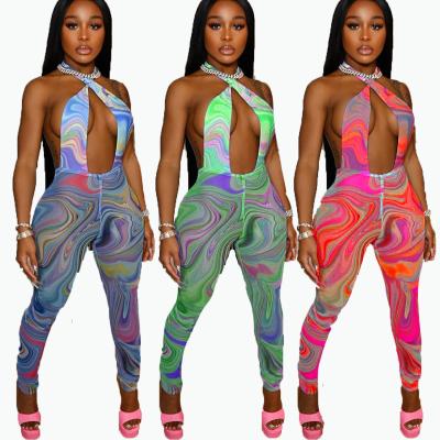 China 2021 Trending Rompers QUICK DRY Mesh Waves Printing Hlater Neck Breathable Hollow Out Long Backless Women Overalls for sale