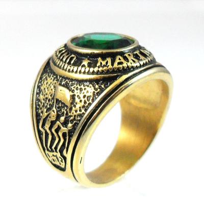 China CLASSIC Custom Military Wholesale Vintage Stainless Gold Army Fans Jewelry China Emerald Stone Glass Ring for sale