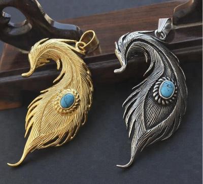 China Beautiful Stainless Steel Punk Women Jewelry Hot Sale 18K Gold Feather Pendant With Turquoise Gemstone DSP 204 for sale