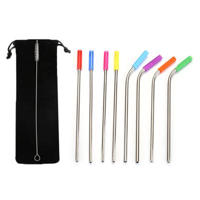 China New Flypeak Wholesale Disposable Eco-Friendly Extra Long Metal Straws Drinking Reusable Stainless Steel Straw Sets With Silicone Tips for sale