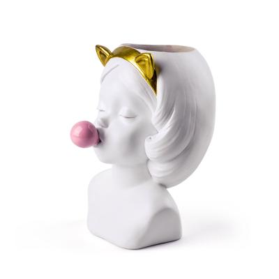 China Modern Nordic Cute Girl Vase Resin Bubble Gum Human Head Decorative Flower Pot Beautiful Art Decoration Creative Flower Modern Vase for sale