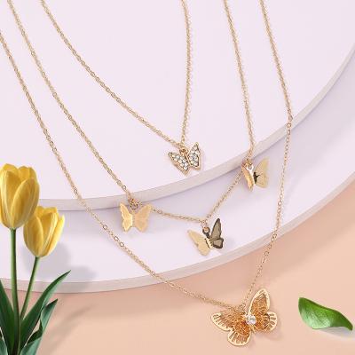 China Butterfly CLASSIC Creative Element Fashion Alloy Multilayer Necklace Set Hollow Out Butterfly Gold Butterfly Tassel Zircon Pendant Chain for sale