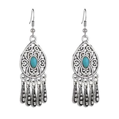 China Vintage Ethnic BOHEMIA Earrings Antique Silver Boho Tassel Turquoise Drop Earrings Hollow Out Waterdrop Cutout Pattern Dangle Earrings for sale