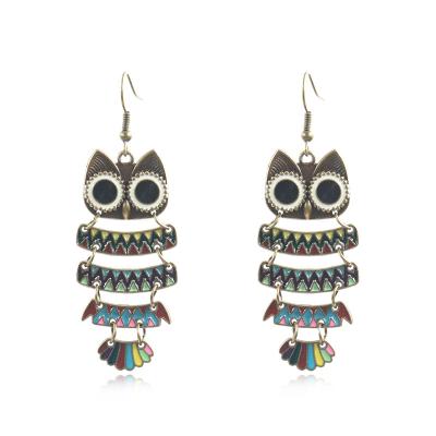 China Wholesale Antique Gold Statement Earrings Ethnic Jewelry Five Pose Owl Drop Dangle Earrings Stitching For Women for sale