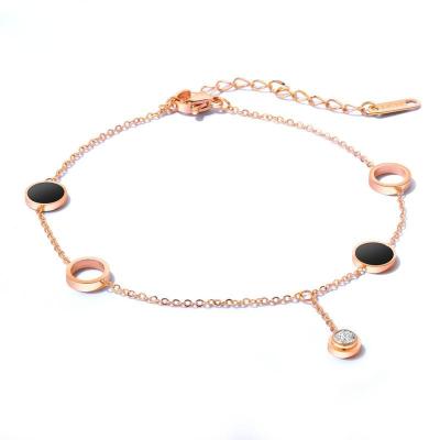 China Tasty BOHEMIA Girls Disc Rose Gold CZ Stainless Steel Foot Chain Anklet Trendy Black Acrylic Round Anklet Bracelet for sale