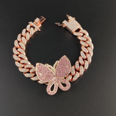 China 2020 Hiphop Fashion Hot Pink Gold Butterfly Charm Bracelet Women Cuban Butterfly Bracelet for sale