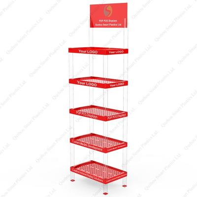 China 5 Layer Floor Advertising Standing Juice Drink Display Unit With Custom Logo Printing For Grocery Store for sale