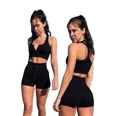 China 2021 Summer RD Crop Tank Tops Outfits QUICK DRY Zipper Ribbed Sports Women Two Piece Short Set for sale