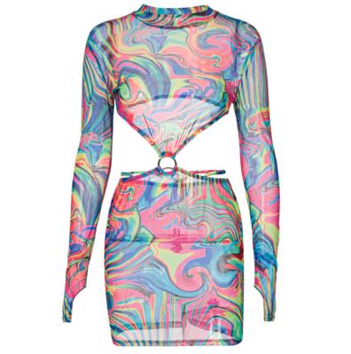 China RD New Arrival Anti-Static Sexy Hollow Out Backless Printed Mesh Dress 2021 Women's Long Sleeve Sexy Bodycon Dresses for sale