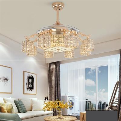 China Factory Price Gold Modern Remote Control Invisible Luxury Lamp For Home Crystal Ceiling Fan Light for sale