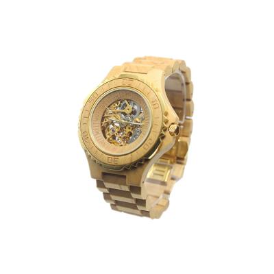 China Eco-Friendly Hot Style Skeleton Day/Date Logo Mechanical Wooden Mens Automatic Natural Wood Transparent Watch for sale