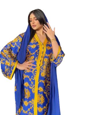 China Modest Muslimah Styling Women Floral Printing V-Neck Blue Abaya Dresses Long for sale