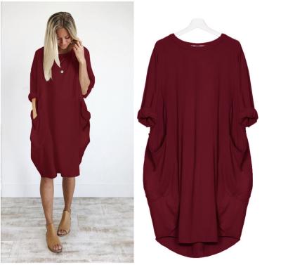 China Anti-Static Ladies Fashion O Neck Plus Size Dresses Casual Loose Dress With Pocket for sale