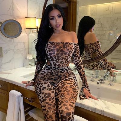 China 2021Casual Anti-wrinkle polyester sexy leopard skinny pants ruffle sleeves off the shoulder romper summer women bodycon jumpsuit one-piece set for sale