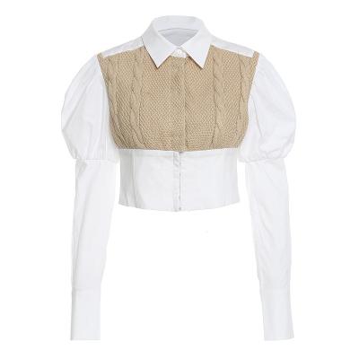 China Anti-pilling Autumn Elegant Latest Patchwork knitted white twist shirt blouse for sale