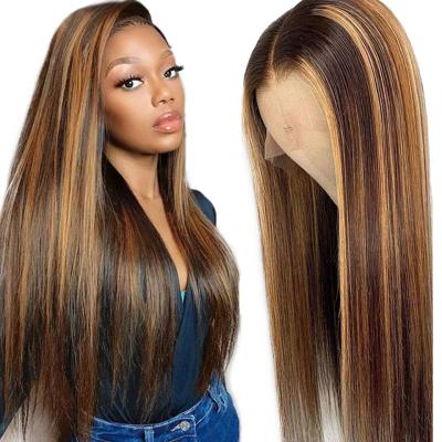 China HanF Silky Straight Wave Blonde 36 Inch Long Straight Transparent Brown 13X4 Lace Accented Hair Wigs 12a Highlight Body Wave Hair Full Wig for sale