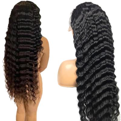 China Silky Straight Wave Natural Black Color Cuticle Aligned Virgin Hair Unprocessed Deep Wave Lace Frontal Wig for sale