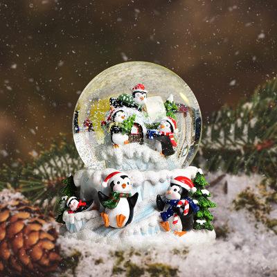 China Holiday decoration & New Creative Colorful Christmas Penguin Family Snowflake Crystal Ball LED Music Crystal Ball Gift Lights for sale