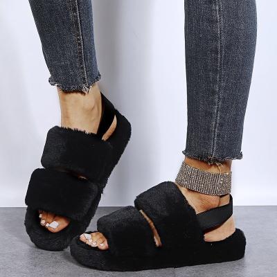 China Fashion Trend Hairy Slippers Fur Slides For Women Faux Fur Sliders Shoes Woman Indoor Strap Shoes Winter Female Casual Home Flats for sale