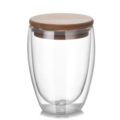 China Industrial Wholesale Clear Borosilicate Glass Handle Tea Coffee Mug Espresso Mugs Double Wall Glass Cup With Bamboo Lid for sale