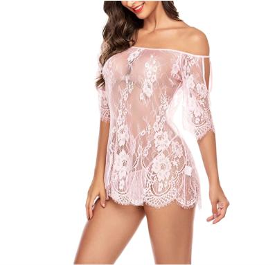 China Hot Sheer Shoulder Shirt Lace Underwear Set Gauze Blouse Lace Fancy Transparent Wholesale Pink Underwear for sale