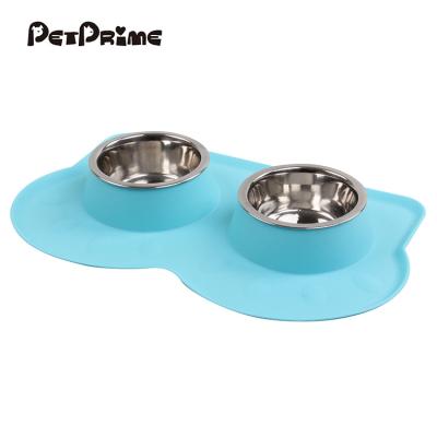 China Petprime 350ML Sustainable Pet Food and Water Rolls Bowl and No Puddle Non-Slip Silicone Mat Pet Double Feeding Bowl with Stainless Steel 2 for sale