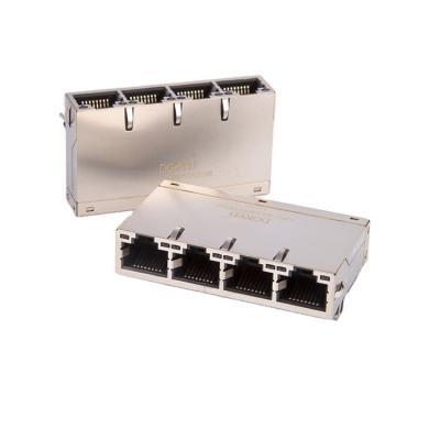 China PCB shielded 4 ports gigabit rj45 connector module, 1x4, 1000 BASE-T, panel terminations for sale