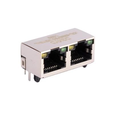 China PCB KRJ-56S8P8C1X2YGNL metal shielded 1*2 rj45 dual port connector, female jack, Y/G LED for sale