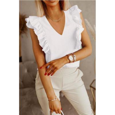 China MOEN Anti-Wrinkle Solid Color Funky Casual Tops Women's Fashion V-Neck Ruffle Summer Sleeveless T-Shirt for sale