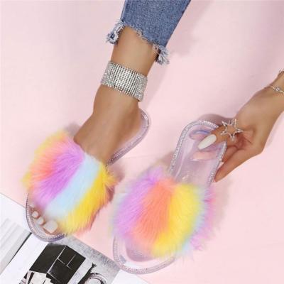 China New arrival 2021 fashion trend new European and American summer color hair hair slipper for sale