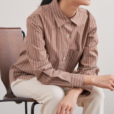 China Breathable Women Striped Loose Shirt Long Sheath Straight Turn-Down Collar Casual Cotton Shirt Blouse for sale