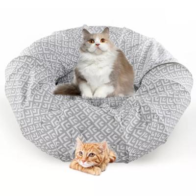 China Breathable Available Round Gray Cat Bed With Tunnel Nest Folding Felt Pet Kitty Tunnuel Indoor Play For Cat for sale