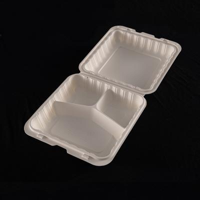 China Hot Vendor Clamshell Freshness Keeping Microwavable 3 Compartment Plastic Biodegradable Take Away Food Container With Hinged Lid for sale