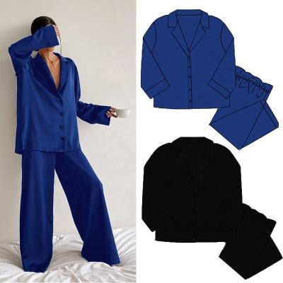 China QUICK DRY silk pajamas for women set 2 piece set of pants simple blue satin women's sleepwear women's autumn for sale