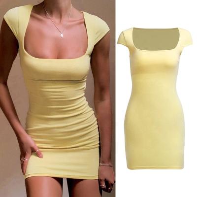 China Anti-static bodycon dress women sexy slim plain color square neck dresses 2022 elegant women lady fashion for sale