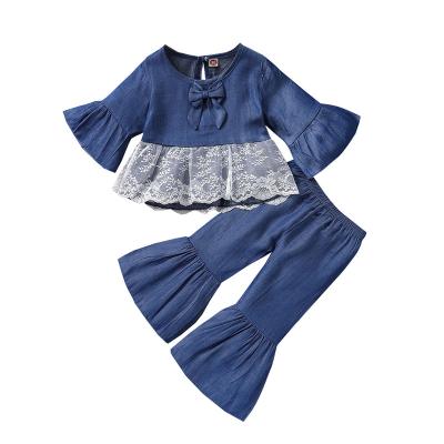 China Breathable Boutique 95%cotton Two Piece Denim Ruffle Set Outfits Lace Up Babies Clothing Sets for sale