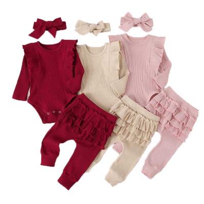 China 100%Cotton Breathable Ribbed Knit Two Piece Outfits Fall Toddler Girls Ruffles Romper Set Kids Clothing Sets for sale