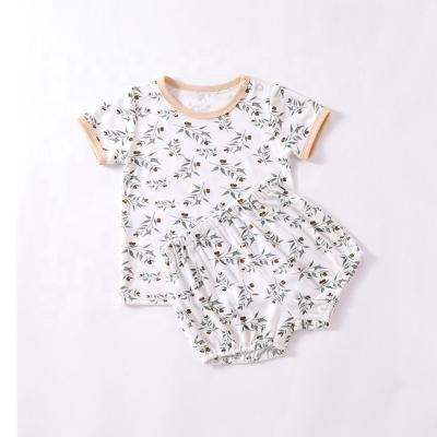 China Breathable Baby Clothes Girls Flower Knit Cotton Summer Two Piece Short Sleeve T-Shirts Set Girls Clothing Sets for sale