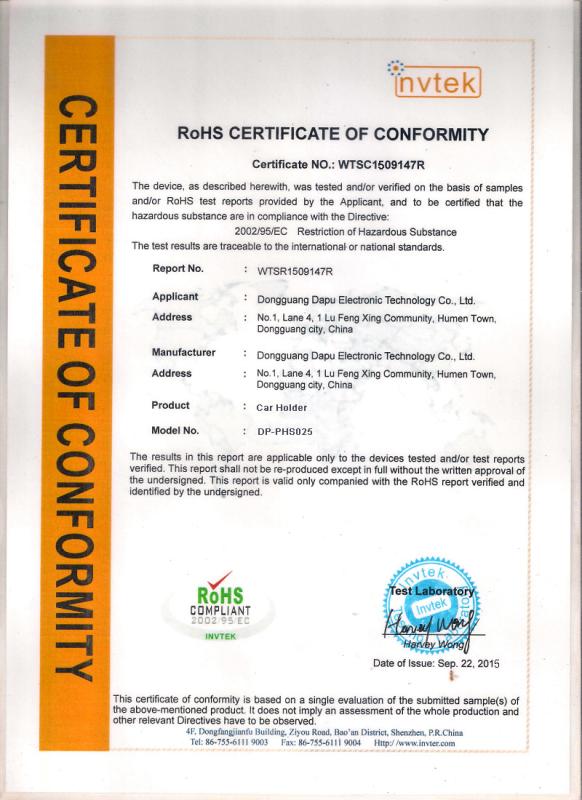 RoHS Certificate of Conformity - Dongguan Dapu Electronic Technology Co., Ltd