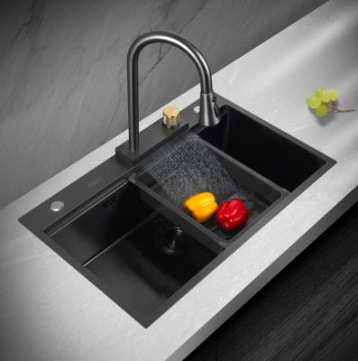 China With Basket Glass Handmade Modern Waterfall Modern Nano Faucet Undermount Drainer Multifunctional 304 Stainless Steel Kitchen Sink for sale