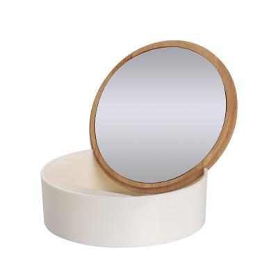 China Personalized Small Size Smart Bamboo And Plastic Makeup Storage Box 3 Round Mirror With Lid for sale