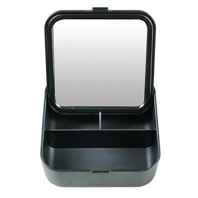 China Personalized Plastic Travel Jewelry Organizer Black Storage Box Multifunctional Vanity Square Shaped Makeup Mirror With Lid for sale