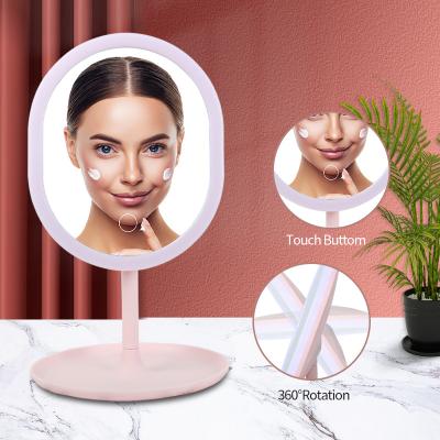 China Custom Logo Small Touch Oval Plastic Lighted and Decorative Led Table Glass Makeup Vanity Shine Adjustable Mirror with Light for sale