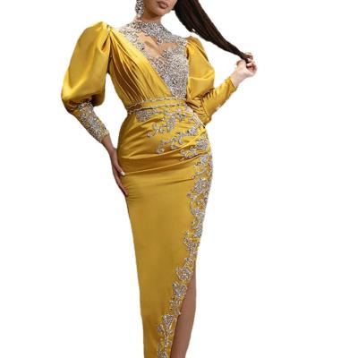 China Anti-wrinkle HC plus size ladies dress dresses one shoulder lantern sleeve diamond beading party dress dresses for women for sale